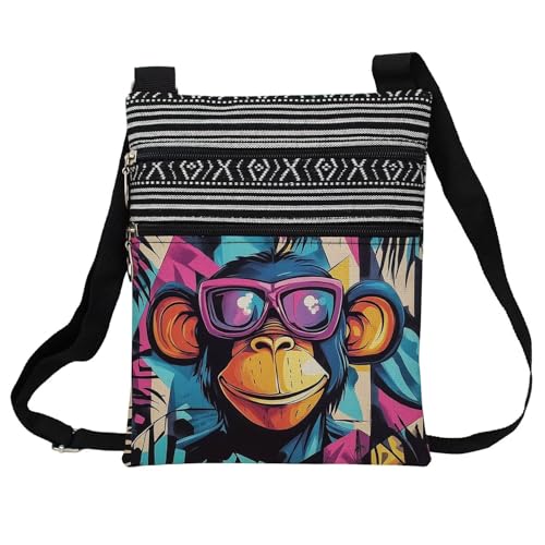 Street Art Chimpanzee Messenger Bag Small Ethnic Pattern Printed Adjustable Strap Crossbody Zipper Bag Street Art Chimpanzee Phone Bag Wallet Cute Shoulder Handbag for Women Friends