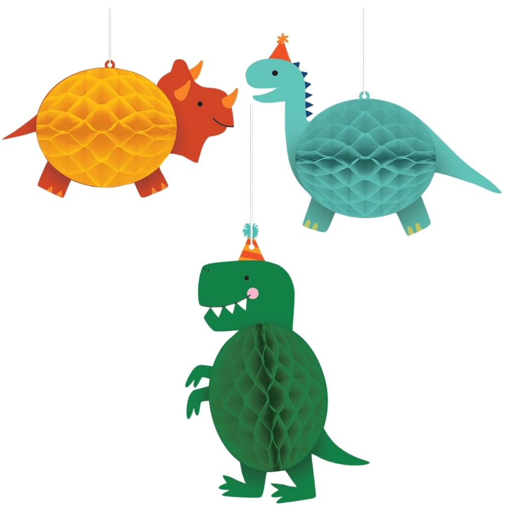 Amscan 292270 - Dino-Mite Dinosaur Kids Birthday Party Hanging Honeycomb Decorations - 3 Pack