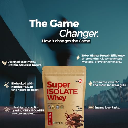 Image of Neulife Super Isolate Whey Protein (900 g 450x2) | Max Absorption Protein Shake with Patented Ketofuel MCTs | Swiss Milk Chocolate