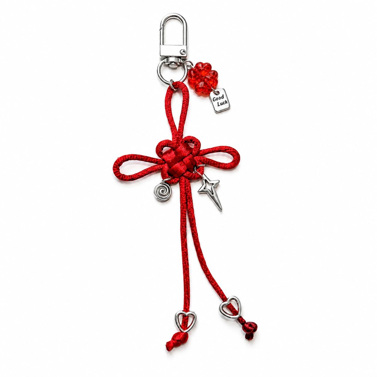 Handmade Red Lucky Knot Bag Charm Keychain | Hand-Tied Korean Maedeup-Inspired Satin Cord with Crystal Clover, Star & Heart Charms | Artisan Auspicious Gift | K-Fashion & Feng Shui Lucky Keyring-image-10