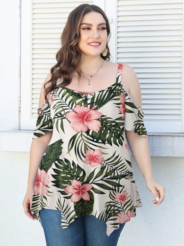 Image of LARACE Cold Shoulder Tops for Womens Summer Clothes Spaghetti Strape Tunic Oversized Shirts Asymmetrical Plus Size Blouse