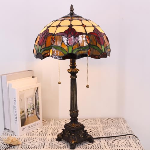 Image of 12Inch Tiffany Stained Glass LampShade Replacement Only (Red Tulip Flower) | Stained Glass Style Lampshade with Cap fit for Table lamp Pendant Light Ceiling Fixture