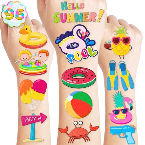 96PCS Beach Pool Temporary Tattoos – Summer Vacation Theme Birthday Party Decorations, Fun Water Play Stickers for Kids Boys Girls, Party Favors, School Gifts & Rewards