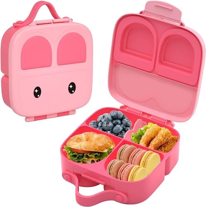 Lonchera Bunny para niños contenedor de plástico Bento para la escuela de silicona portátil 4 compartimentos para preparación de comidas rosa