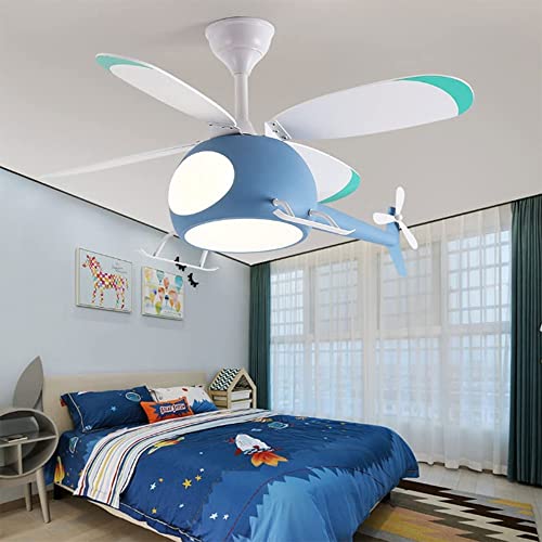 Ventilador de techo de dibujos animados creativos con luz LED para dormitorio de niños, helicóptero decorativo interior Ventilador moderno Luz de techo LED Temporización de varias velocidades con