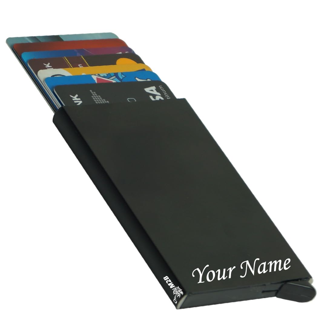 engraved your name customized on vertical card holder -luxurious unisex design-rfid blocking stainless steel 1 x 10 x 6 cm for credit|debit|atm|business visiting corporate gift (black pop-up)