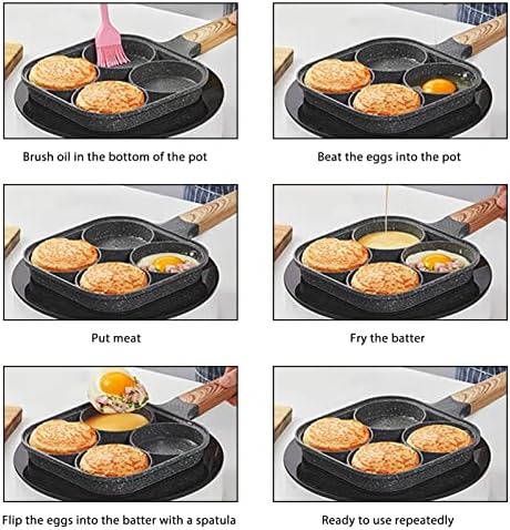 Shoze Egg Frying Pan Non-Stick Egg Pan with 4 Hole Multi Aluminum Alloy Fried Egg Pan with Wooden Handle for Burger Eggs Ham