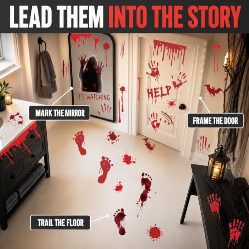 Image of Halloween Bloody Handprint & Footprint Stickers, Spooky Scary Horror Decor | 8 Sheets Blood Splatter Window Decals, Kitchen & Bathroom Floor Mirror Wall Decor, Home Office Halloween Party Decorations