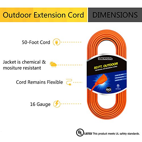 Epicord 16/3 Extension Cord Outdoor Extension Cord (50 ft) Orange Heavy Duty Extension Cord(Orange)