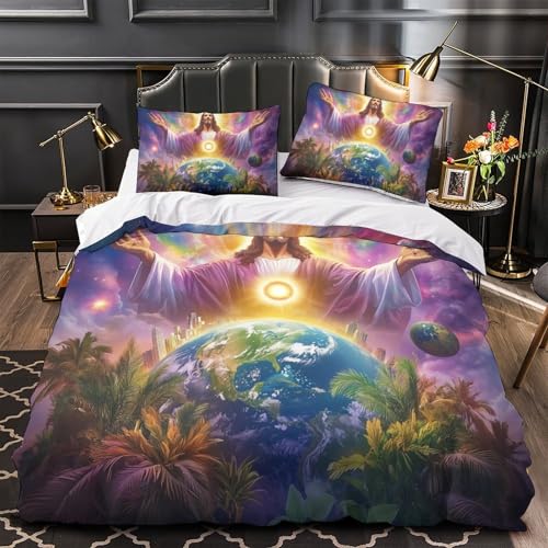 Housse de couette Jésus impression 3D King en microfibre avec taies d'oreiller