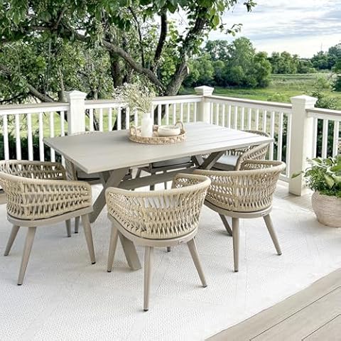 PURPLE LEAF 7 Pieces Outdoor Dining Set All-Weather PE Rattan Outdoor Patio Furniture Set with All Aluminum Frame Rectangular Table and Chairs Set for Lawn Garden Backyard Deck, Champagne Cover