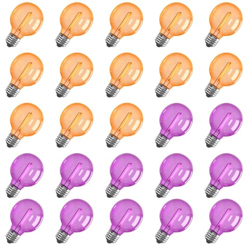 Image of GOOTHY 25 Pack G40 LED Replacement Light Bulbs, Shatterproof Halloween G40 LED Orange Purple Globe Lights Bulbs for Outdoor String Lights Patio Party Decor, E12 /C7 Candelabra Base, 2700K Warm White