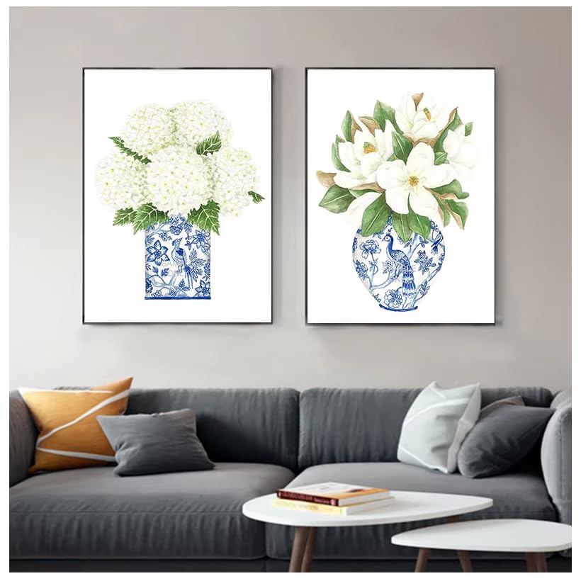 Toile chinoiserie magnolia bleu et blanc affiche fleurs 30x42
