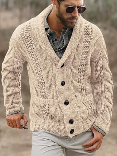 Image of Karlywindow Mens Cardigan Sweater Cable Knit Shawl Collar Cardigans