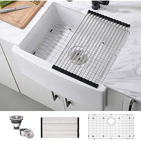 24 Inch Fireclay Farmhouse Kitchen Sink-Hovheir 24x19 Laundry Sink Apron Front Farmhouse Sink White Ceramic Porcelain Single Bowl Deep Kitchen Sink Wide Curved Front Undermount Farm Sink Cover