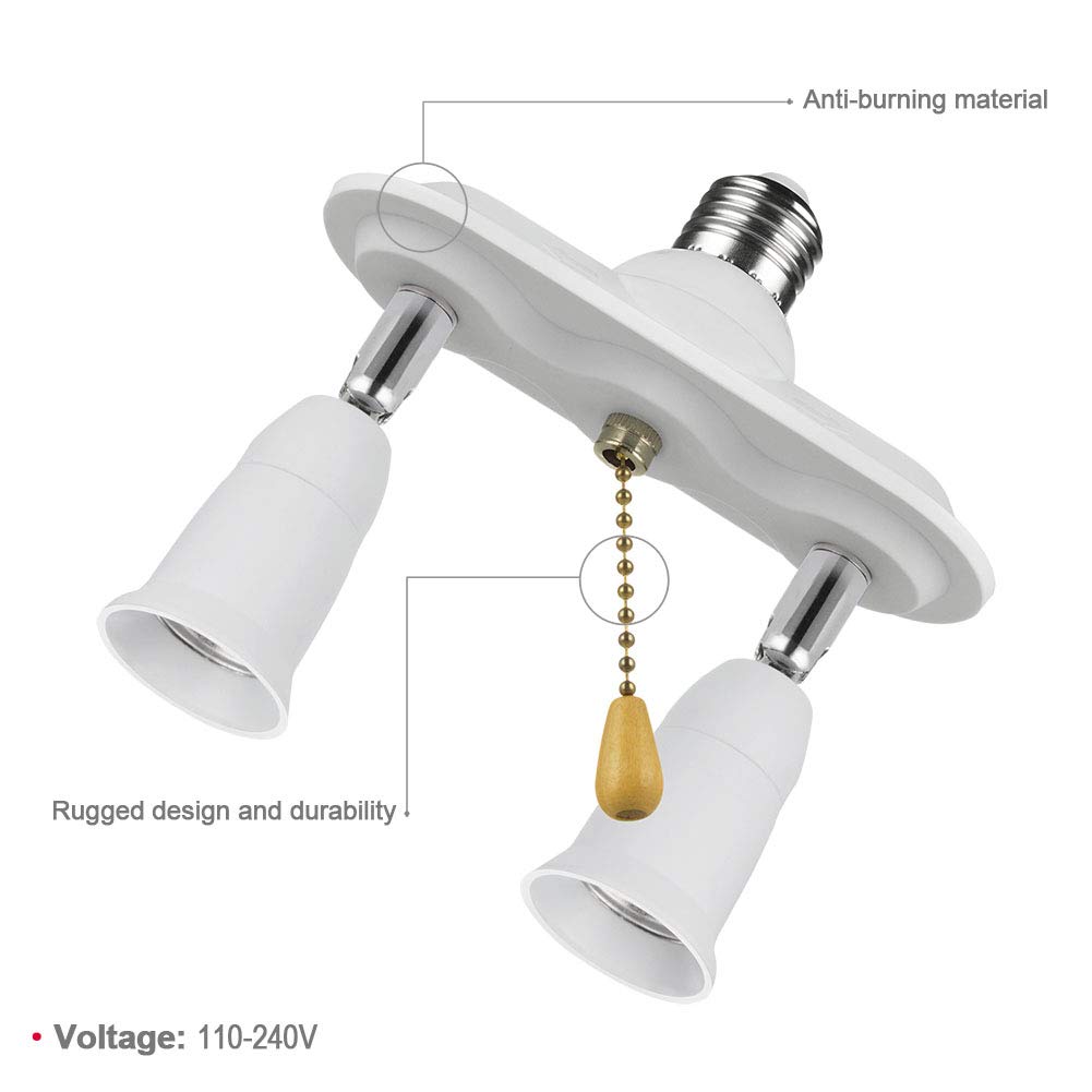 Pull Chain Light Fixture, E26 E27 Pull Chain Light Socket Adapter Converter Splitter 360 Degree Adjustable and 180 Degree Bendable