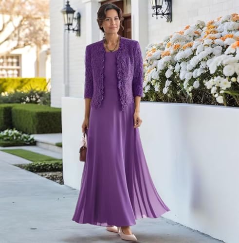 2 Piece Mother of The Bride Dresses with Jacket Lace Chiffon Tea Length 3/4 Sleeve Formal Evening Gowns for Wedding Guest3