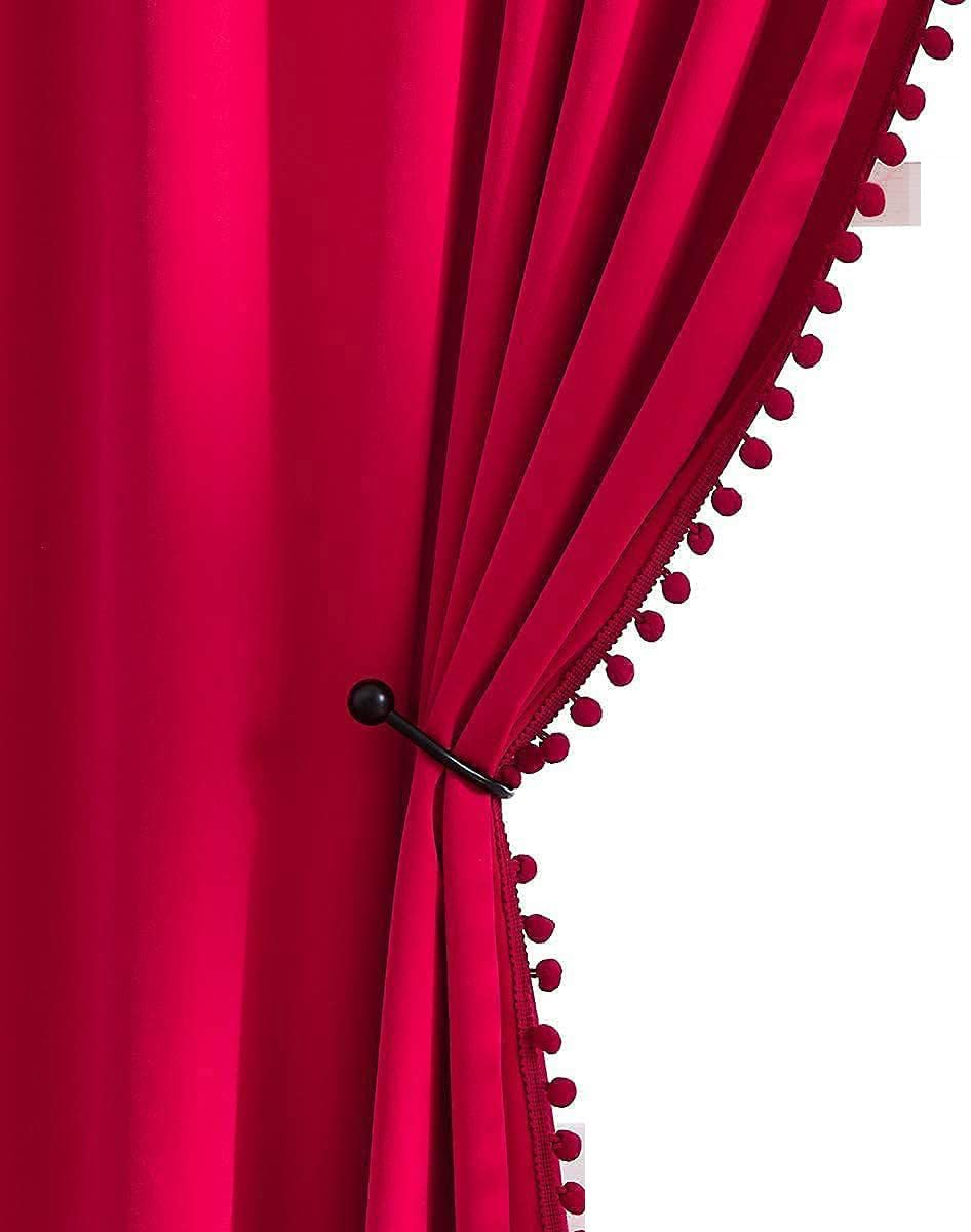 Luxurious Velvet Pom Pom Blackout Curtains for Girls Bedroom Red 85x275 cm