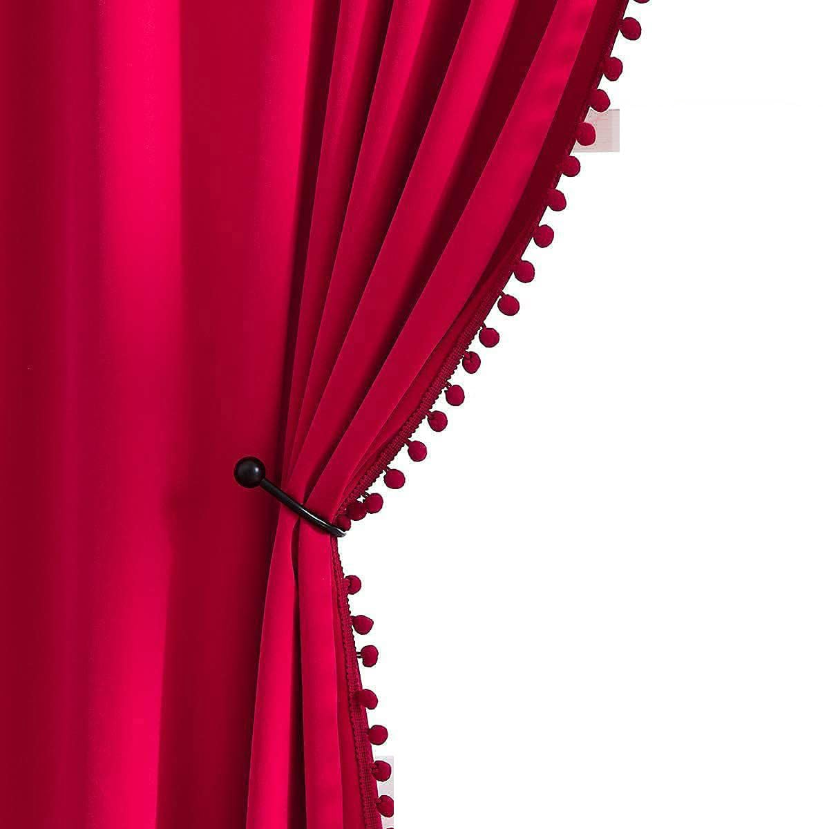 Luxurious Velvet Pom Pom Blackout Curtains for Girls Bedroom Red 85x275 cm