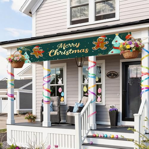 Image of Gingerbread Christmas Banner 78.7 x 17.7 Inch Cute Cookie Character and Christmas Tree Design Holiday Decoration for Home Garden Fence Porch or Indoor Wall Display Scene