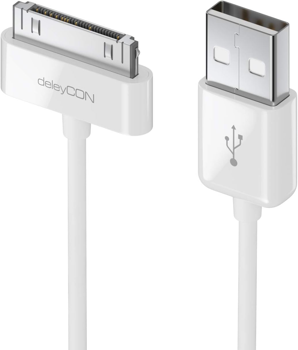 deleyCON 1 m 30-Pin USB Cable Dock Connector Sync Cable Charging Data Cable Compatible with iPhone 4s 4 3GS 3G iPad iPod - White