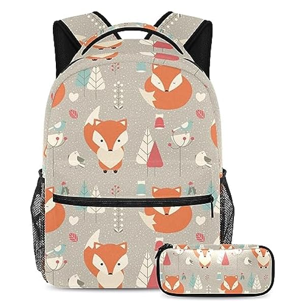 VAPOKF Schooltassenset voor tienermeisjes, jongens, studentenboekentas, rugzak met etui voor school, kleine vos, omringd door bloemen, Meerkleurig, Eén maat, Schooltassen Sets