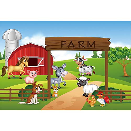 DORCEV 8x6ft Cartoon Farm Photography Backdrop Cartoon Farm Theme Kids Birthday Party Background Cartoon Green Lawn Sheep Chicken Pig Dog Horse Party Banner Kids Birthday Photo Studio Props -  25x18NBK23668