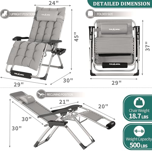 Image of UDPATIO Oversized Zero Gravity Chair Patio Reclining Chairs with Cushion | 29In Set of 2 Outdoor Folding Recliner with Pillows,Cup Holder, Foot Rest, Detachable Pad, Locking Light Grey-xl
