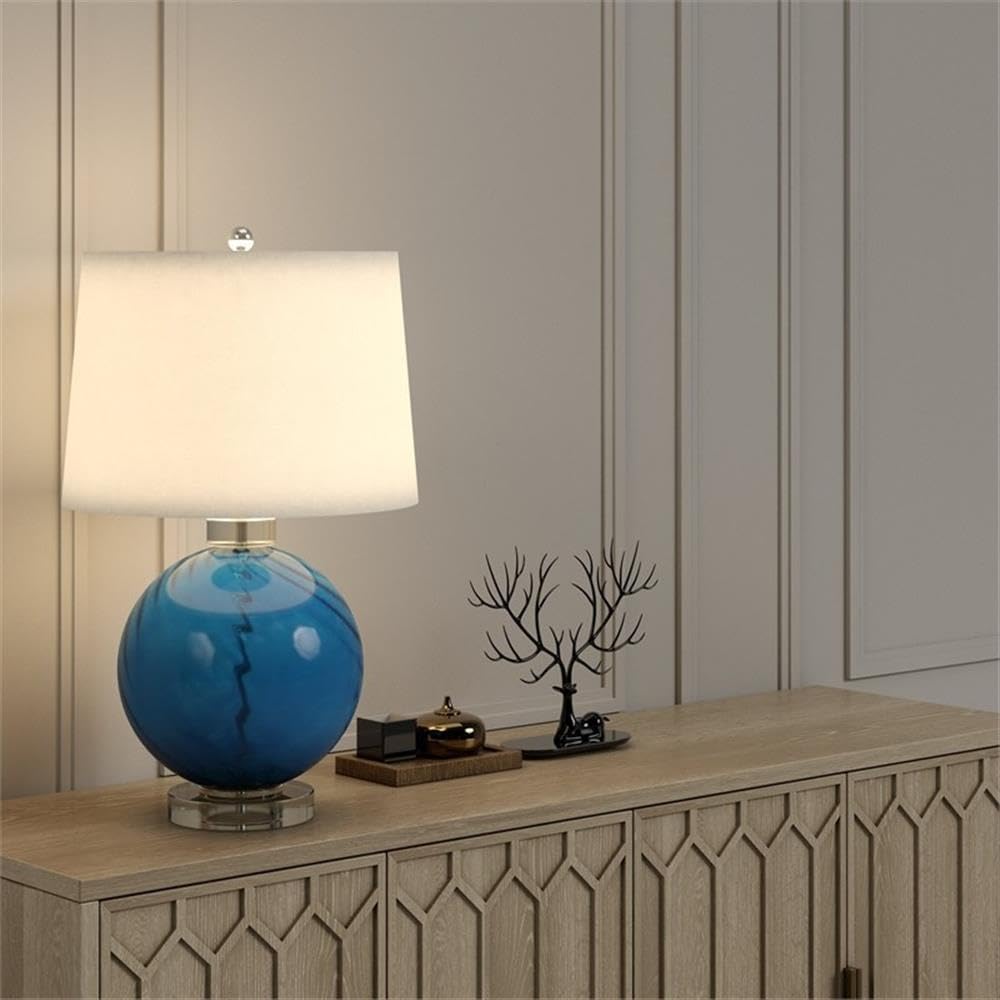 Pemberly Row Contemporary 28" Table Lamp, Cobalt Blue Glass Base, White Linen Shade, 3-Way Switch, Modern Lighting for Living Room, Bedroom, Office, Coastal or Contemporary Home Decor