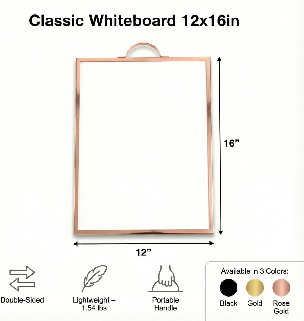 Rose Gold Magnetic Dry Erase Whiteboard 12 x 16 Double Sided, Portable Small White Board with Handle, to Do List Note Board, Write and Wipe for Desk Wall, Includes 2 Markers Eraser 2 Magnets