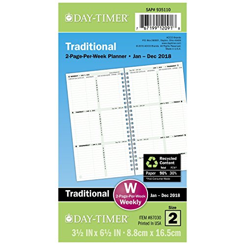 Day-Timer Refill 2018, Two Page Per Week, January 2018 - Decemer 2018, 3-1/2