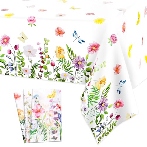 saerryor 3 Pack Floral Table Cloths Rectangular Waterproof Tablecloth 54'' x 108'' Disposable Plastic Table Cover for Wedding, Baby Shower, Birthday Events Party Decorations