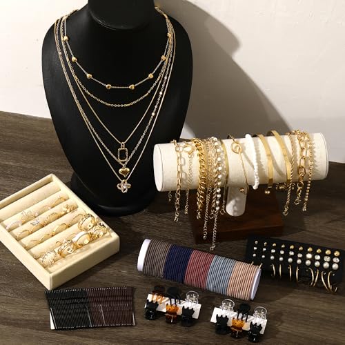 Image of FAXHION 68 Pcs Gold Jewelry Set for Women with 7 Necklace, 17 Bracelet, 5 Hoop Earrings, 15 Stud Earrings, 24 Knuckle Rings for Women Jewelry Set for Women Gift
