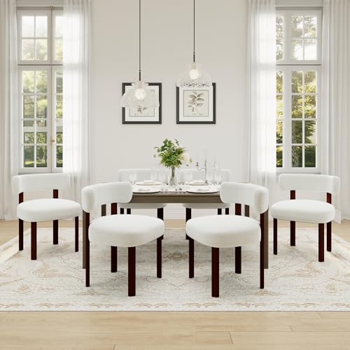 MALOL Esszimmerstühle 6er Set, Bouclé Küchenstühle im Mid-Century-Stil, Gepolsterte Esszimmerstühle mit geschwungener Rückenlehne, Vintage Polsterstühle für Esszimmer und Restaurant, Beige
