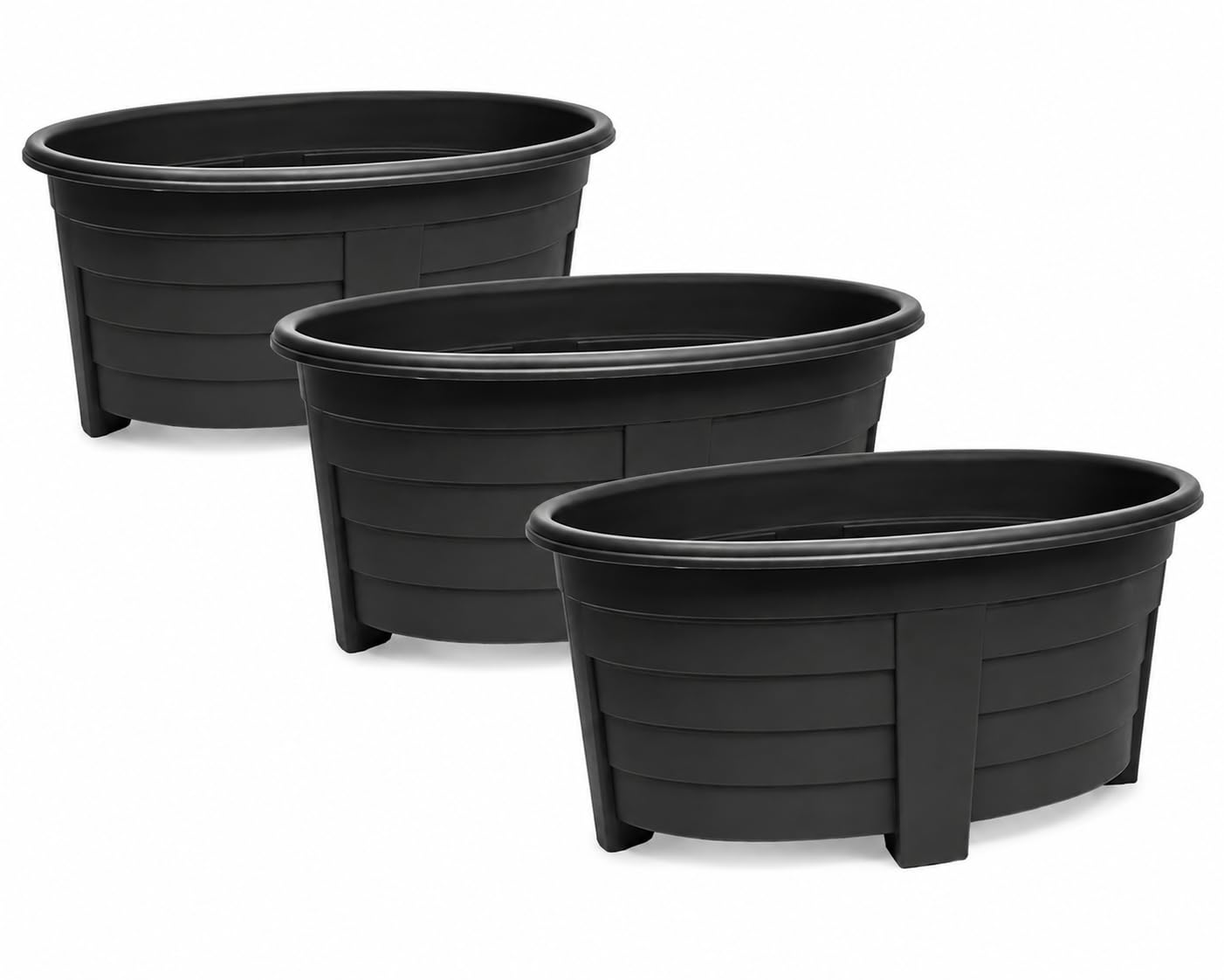 OptiProducts Extra Large 55cm Oval Garden Planter Plastic Trough Plant Pot Raised Outdoor Flower Planter with Drainage for Flowers, Herbs, Vegetables, Patio, Balcony & Garden (Black, 3)