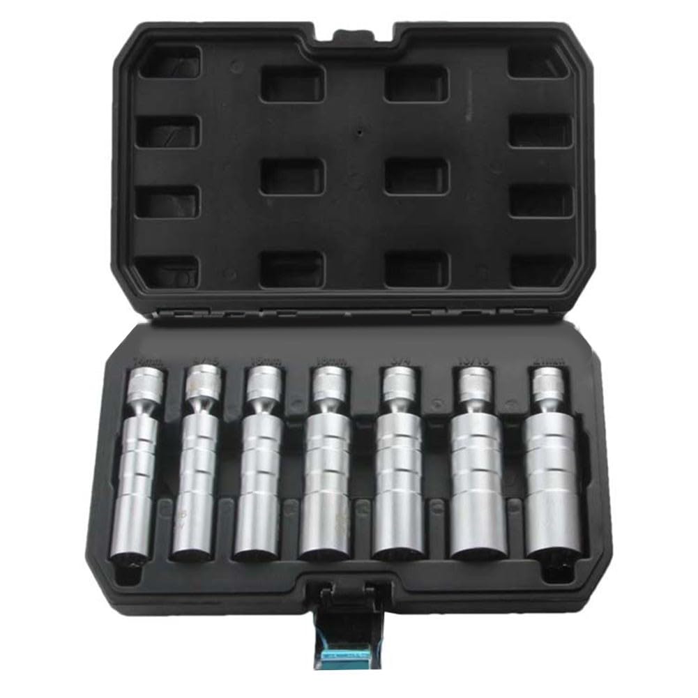 Juego de 7 llaves de bujía de 3/8 pulgadas con llaves de vaso de 14 mm, 16 mm, 18 mm, 21 mm, 9/16 13/16 3/4 para reparación de automóviles, construcción de acero, caja de almacenamiento