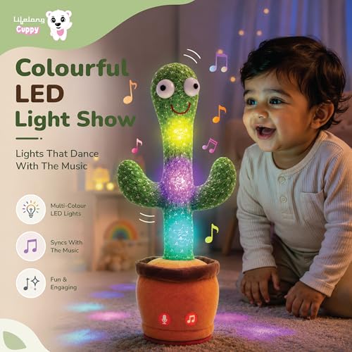 Image of Lifelong Cuppy Dancing Cactus Toy for Kids 6 Months-5 Yrs | Educational Talking Cactus with Music, Voice Repeater & LED Lights | USB Rechargeable, Interactive Tree Toy for Kids | Non- Toxic & Durable