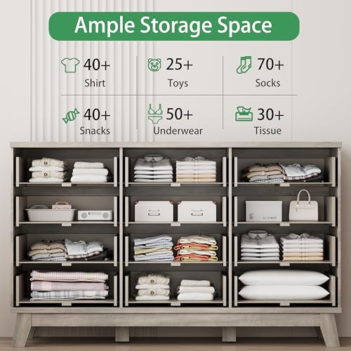 Image of Xixini Fluted Dresser for Bedroom with 12 Drawers, 57 inch Wide Modern Chest of Drawers with Metal Handle, Wooden Dresser TV Stand, Wood Closet Clothes Storage Organizer for Living Room, Hallway, Grey