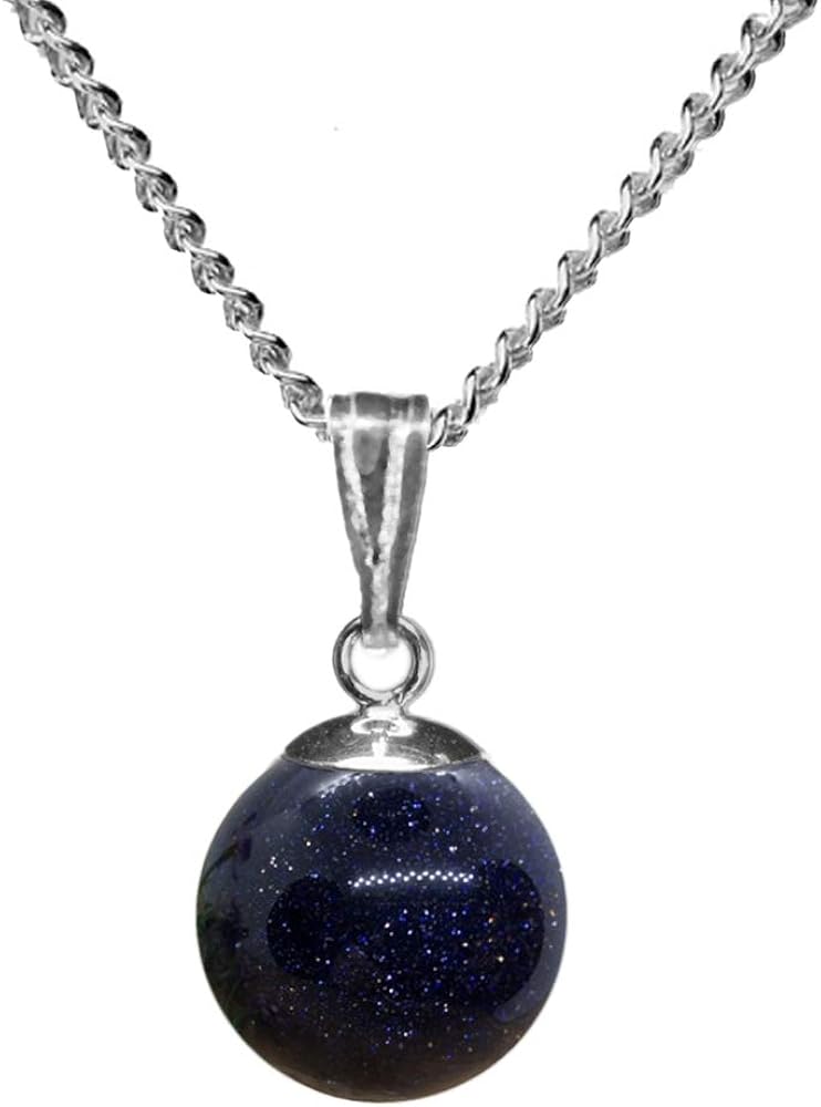 10mm Blue Goldstone Bead/Ball 925 Sterling Silver Pendant + 18 Inch