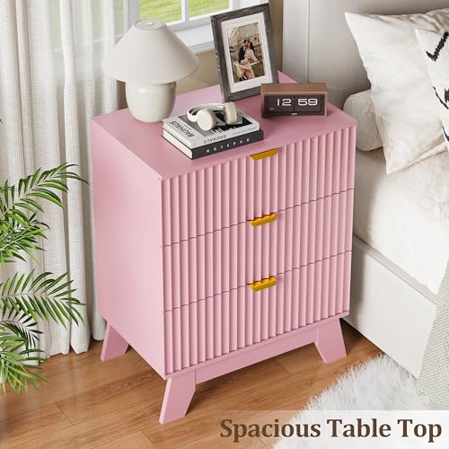 Image of Fluted Nightstand Sets of 2 with 3 Large Drawers, Wooden Side End Table with Elevated Legs for Easy Cleaning, Sturdy Modern Beside Table for Small Space, Bedroom, Pink, 24 inch L
