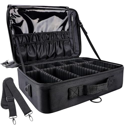 Image of SHAMAX Professional Makeup Bag for Women Travel Cosmetic Kit Storage (2-Layer) Vanity Bag Cosmetics Makeup Brush Bag with Adjustable Dividers Portable Zipper Closure(Black) - Adjustable Strap