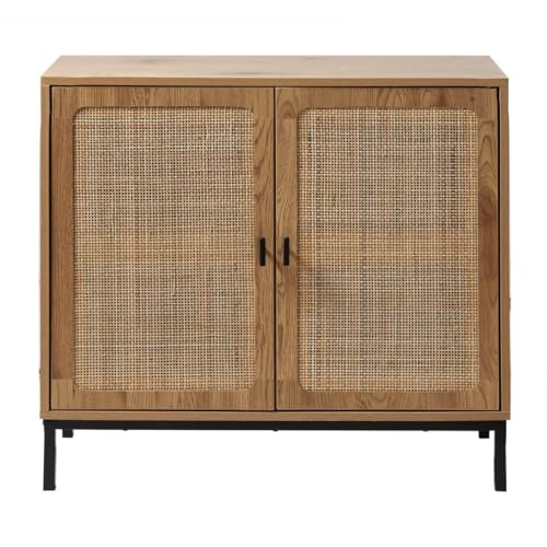 Calicosy - Aparador de 2 puertas, diseño de ratán y partículas, soporte metálico, estante ajustable, salón, entrada, dormitorio, diseño exótico