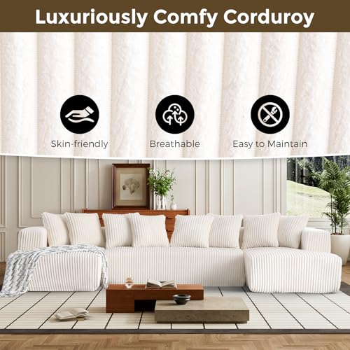 Image of 130 inch Modular Sectional Couch, Comfy Corduroy Couch Sectional Sofa with Double Chaise Lounge, Free Combination U Shaped Sectionl Sofa with Memory Foam, Luxury Couches for Living Room, Beige