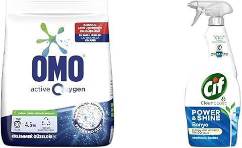 Omo Active Oxygen Toz Çamaşır Deterjanı Beyazlar için, 4.5 kg(1) Cif Power Shine Cleanboost Sprey Temizleyici Banyo İçin Temizleyici ve Kireç Çözücü 750 ML(2)