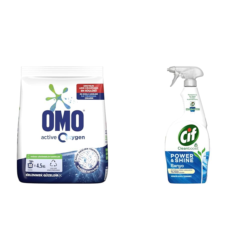 Omo Active Oxygen Toz Çamaşır Deterjanı Beyazlar için, 4.5 kg(1) Cif Power Shine Cleanboost Sprey Temizleyici Banyo İçin Temizleyici ve Kireç Çözücü 750 ML(2)