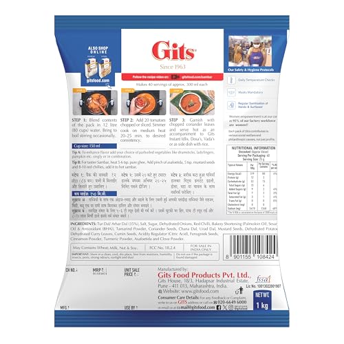 Image of Gits Instant Sambhar Breakfast Mix, Makes 12 litres , Pure Veg, South Indian Recipe, 1Kg