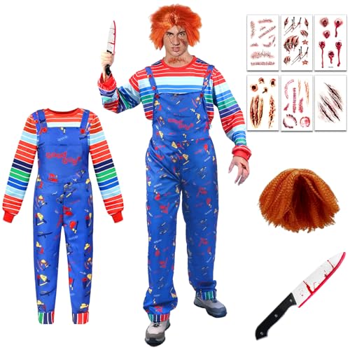 viallolipa Chucky Halloween Kostüm, Mörderpuppe Kostüm, Terrifier Puppe Killer Kostüm mit Simuliertem Messer Perücke Tattoo Sticker Requisiten...