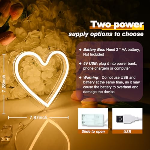 Image of Britrio Heart Neon Light Sign, Warm White Neon Heart Light Sign for Bedroom Girl Dorm Classroom Wall Decor Birthday Party Wedding Valentines Day Proposal Anniversary Battery Operated or USB Powered