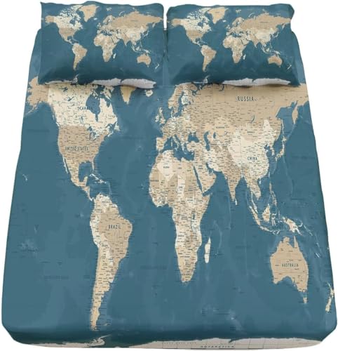 TACOKI Sabanas Bajeras 160x200 Mapa del Mundo Sábanas Bajeras Mapa del Mundo Ajustable Suave y Cómoda Sabana Bolsillo Profundo 30 cm, para Grueso Colchón, Sabanas Cama 160 c8391