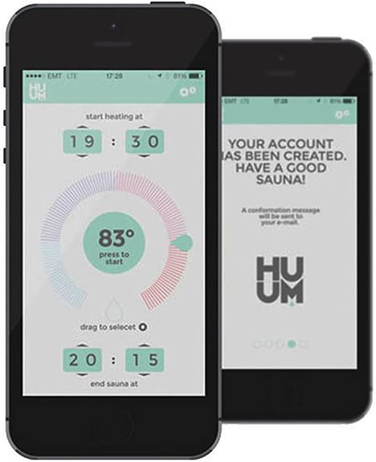 HUUM mobile app showing account creation and heating schedule